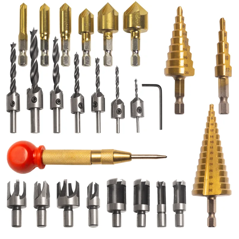 23-Piece / 26-Piece Set Of Five-Edge Chamfer Cork Drill Woodworking Drill Punch Ladder Drill Gold Punch Pagoda Drill L Wrench