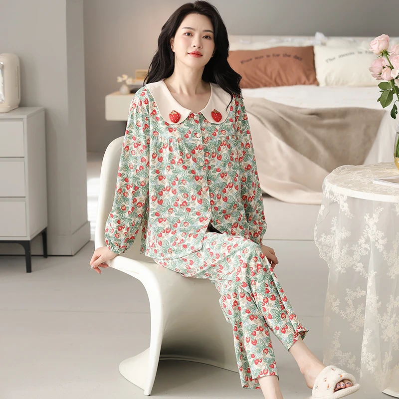 long-sleeved shirt tops+long pants strawberry pajamas sets modal cotton nightwear M-4XL flowers pyjamas female autumn sleepwear