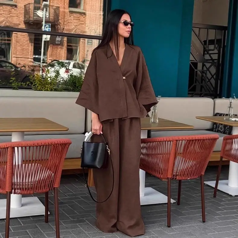 

Loose Brown Cotton Linen Set Women's Fashionable Autumn Winter Two-Piece Suit Simple Open Cardigan Long Pants Ensemble