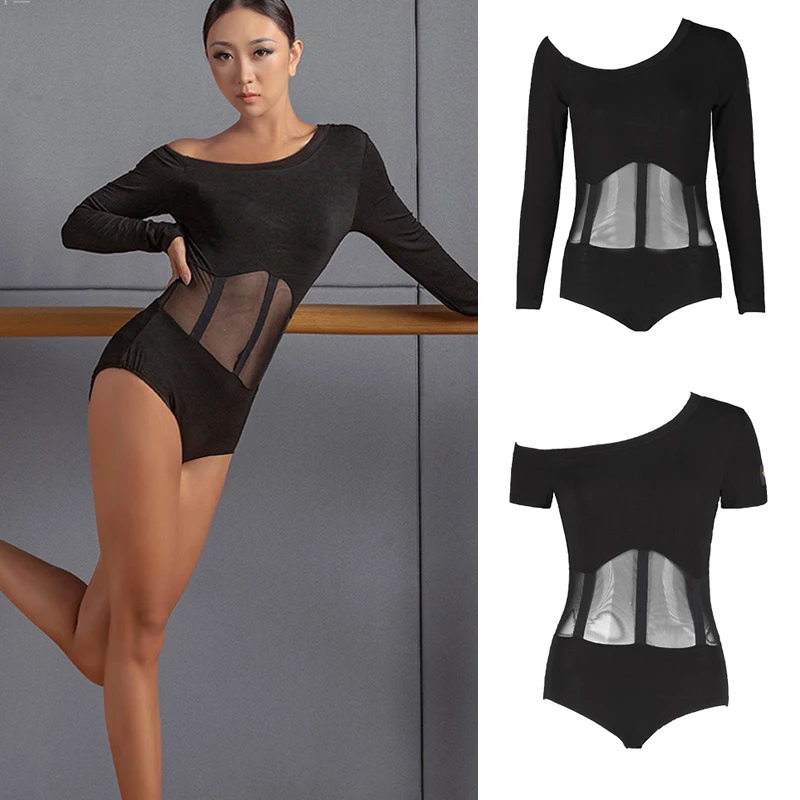 Novas Mulheres Ombros Inclinados Latino Top Preto Malha Perspectiva Blusas De Salão De Baile Dança Top Latina Prática Tops SL4455