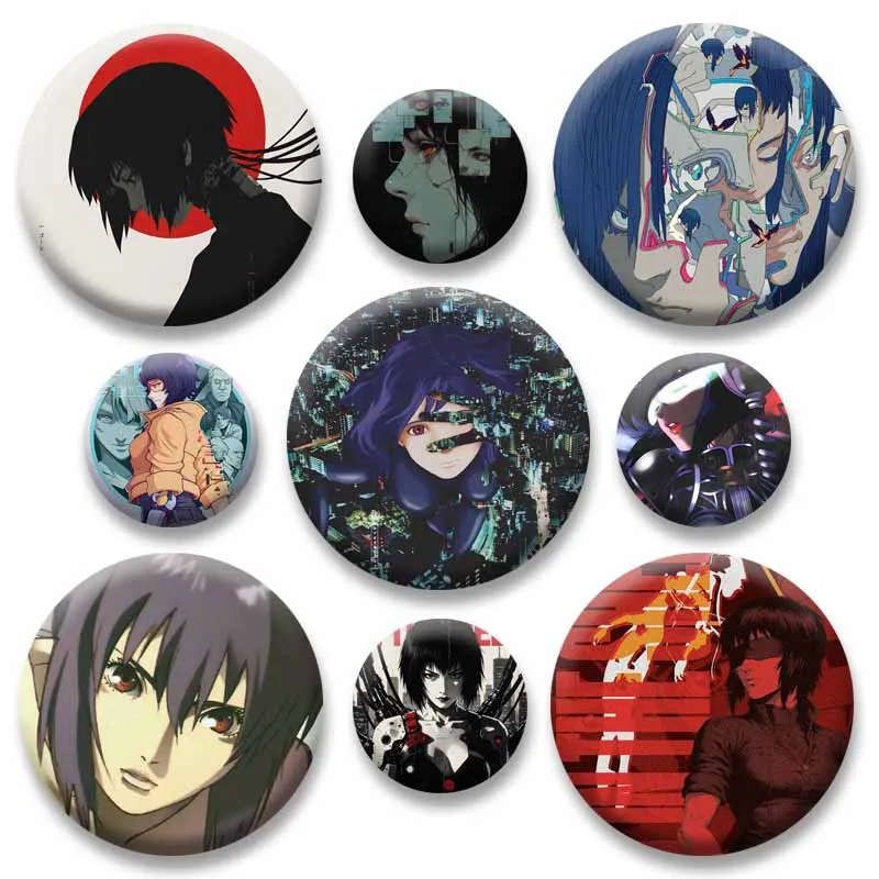 Cartoon Motoko Kusanagi Round Badges Anime Role Snap-in Brooch Stylish Ornament Pins Bag Clothes Shoes Accessories Jewelry Gifts