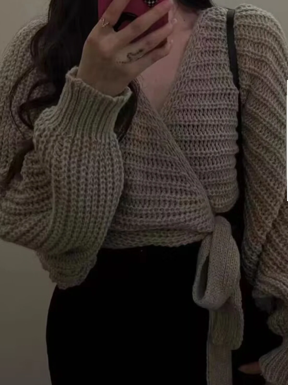 

Женский свободный трикотаж с перекрестной завязкой V-Ne, весенняя верхняя одежда, корейский топ-фонарь, удобный топ для отдыха...