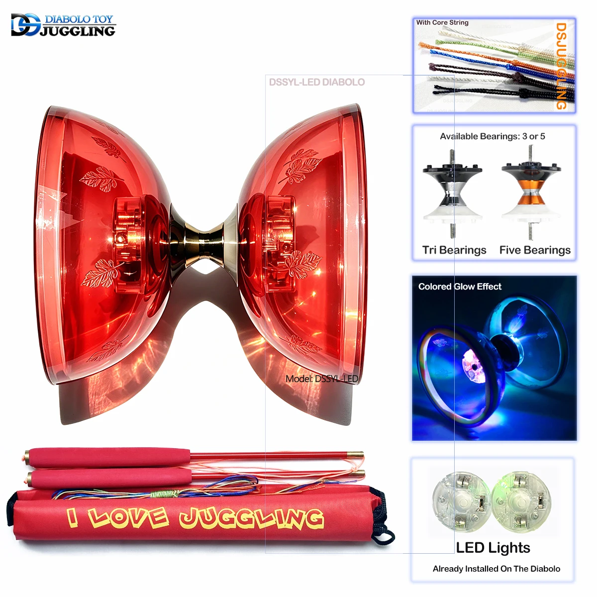 Diabolo luminescente multicolorido de alta velocidade China Kongzhu Yoyo Performance de palco Fitness ao ar livre Esportes Presente divertido Kits de malabarismo