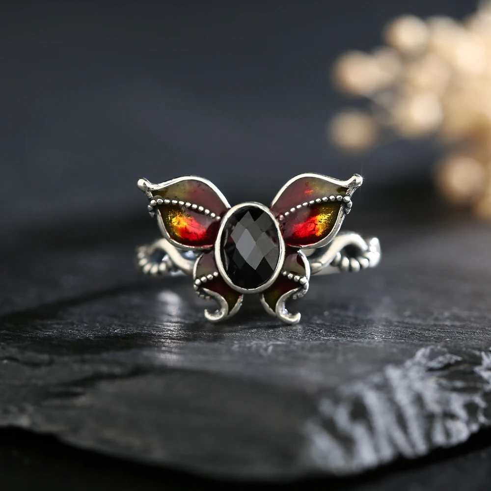 

100% Natural Stone Ring S925 Sterling Silver Garnet Spinel Stone Vintage Butterfly Design Women's Ring Party Birthday Gift