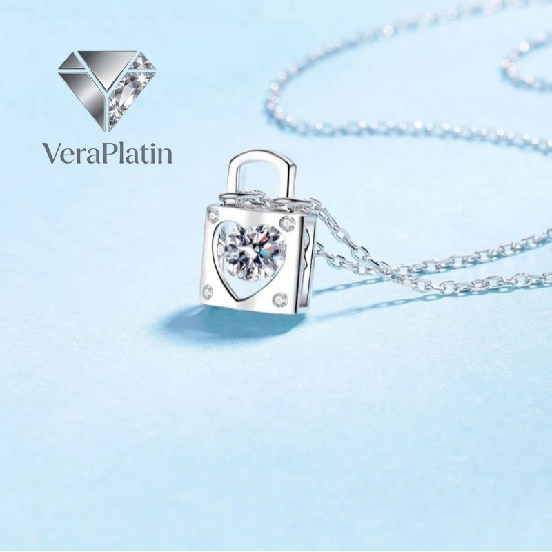 VeraPlatin	Women Valentine's Day 18K White Gold Lock Type Necklaces Daughter Birthday Gift 0.3/0.5CT Moissanite Diamond PT950 Pl