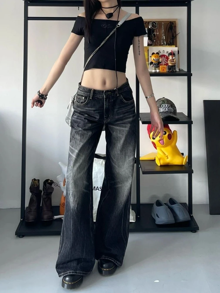 QWEEK Women Y2K Baggy Vintage Jeans Black Streetwear Wide Leg Pants Harajuku Distressed Washed Looes Denim Trousers Hip Hop