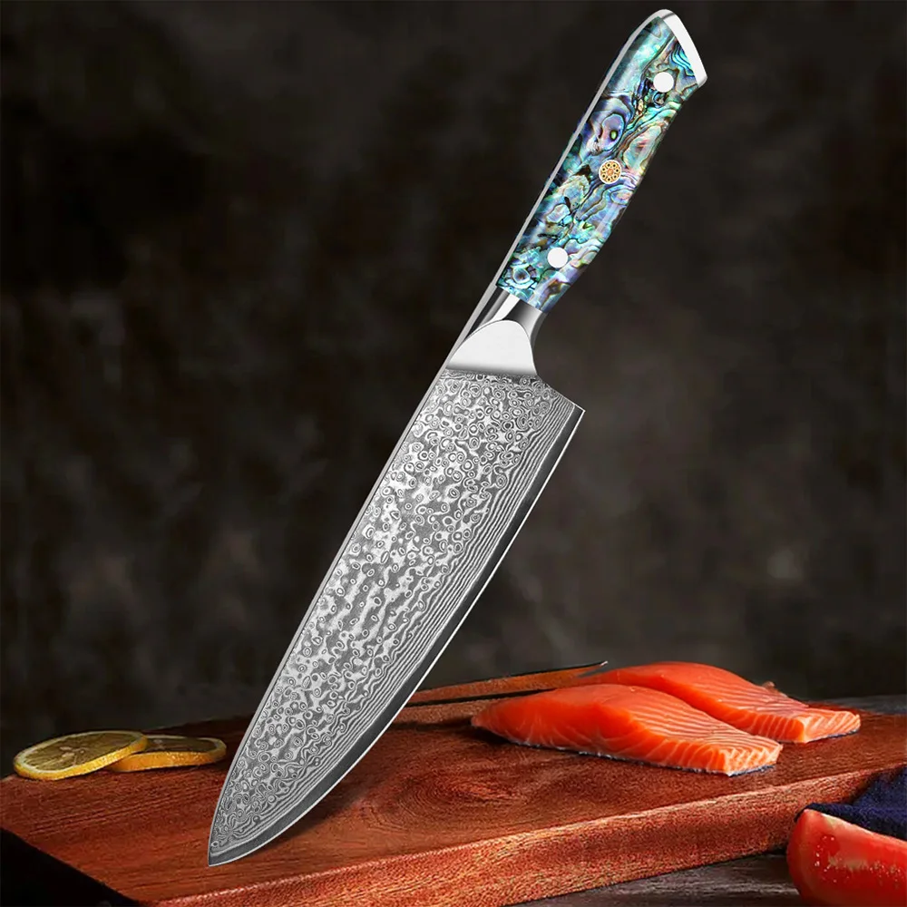 Kochmesser, Damaskus-Messer, professionelles Küchenmesser mit Abalone-Muschelgriff, zum Schneiden von Gemüse, Obst, Fleisch, mit Geschenkbox – Detail 1