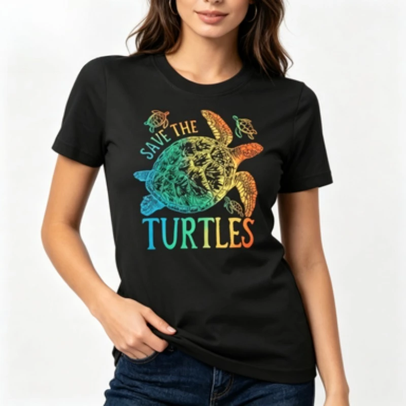 Women  Short Sleeve T-shirt Save The Turtles Gradient Sea Turtle Print Ocean Environmental Protection Casual Summer Daily Tee
