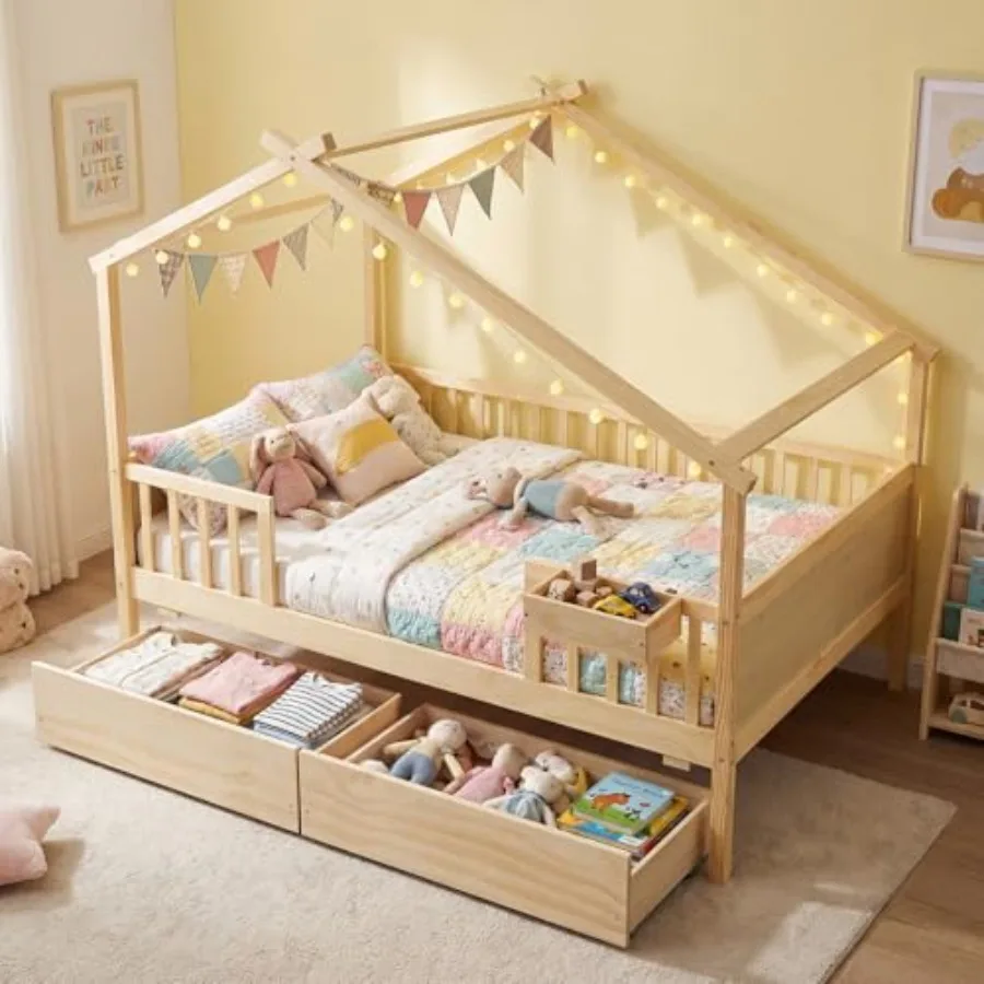

Size House Bed for,Storage Bed with Roof and Fence Rails, Wood Bed Frame with Storage Box and 2 Rolling Drawers for Boys and Gi