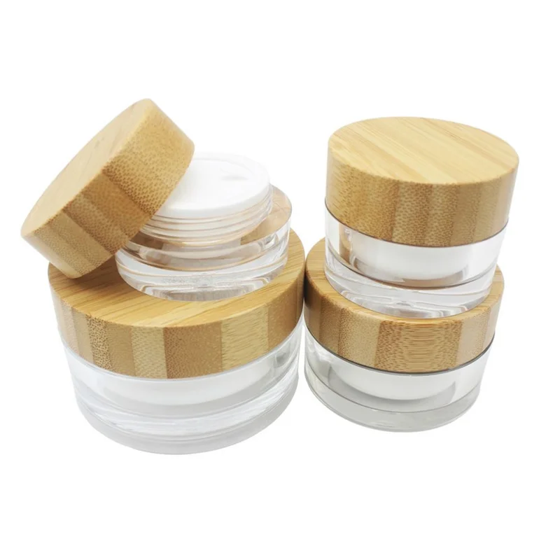 Wholesale 1OZ Empty Double Layer Acrylic Plastic Cream Jar Pot with Bamboo Wooden Lid Cover 30g 50g Nail Art Cream Packaging Box