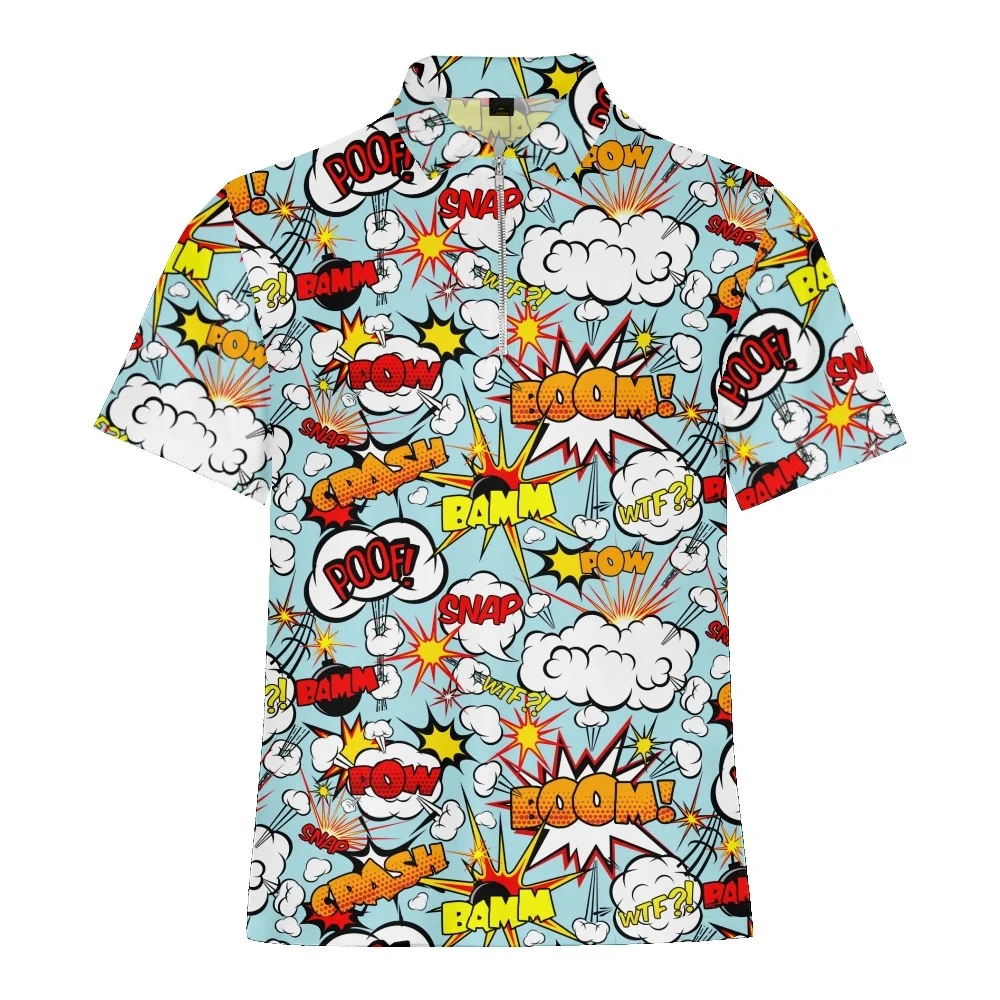 Cartoon Monster Graffiti Printed Summer Men\'s Zipper Collar Polo Shirts Casual Oversized Short Sleeve Fashion Tops Men Clothing