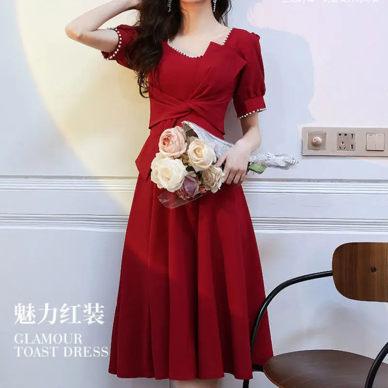 ผู้หญิงชุดราตรีแขนสั้น Elegant Square สีแดงเลื่อม Simple พรหมชุดเดรสปาร์ตี้ยาว A-Line Vestidos อย่างเป็นทางการ