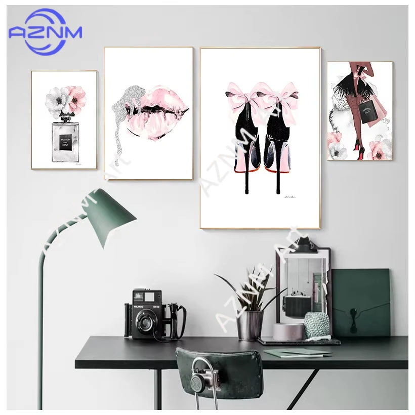 1 Stück Modulare Bilder Nordischer HD-Druck Mode Parfüm Lippen Poster High Heels Wandkunst Leinwand Gemälde Heim-Deko Zimmer-Rahmen