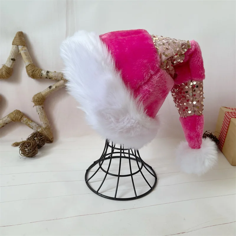 Pink Plush Sequin Patchwork Hat, Double-Layer Decorative Hat, Christmas Hat, 31x47cm