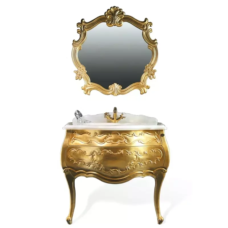High End Luxury Classic Design Solid Wood Bathroom Floor Standing Gold Vanity With Mirror