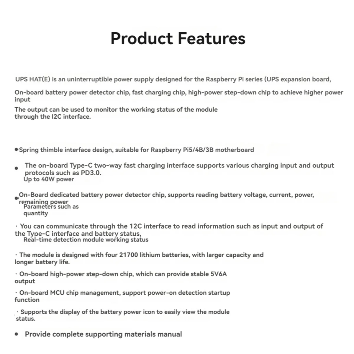 For 5 Uninterruptible Power Supply UPS HAT Type-C Fast Charging for 4B/3B+ UPS Module