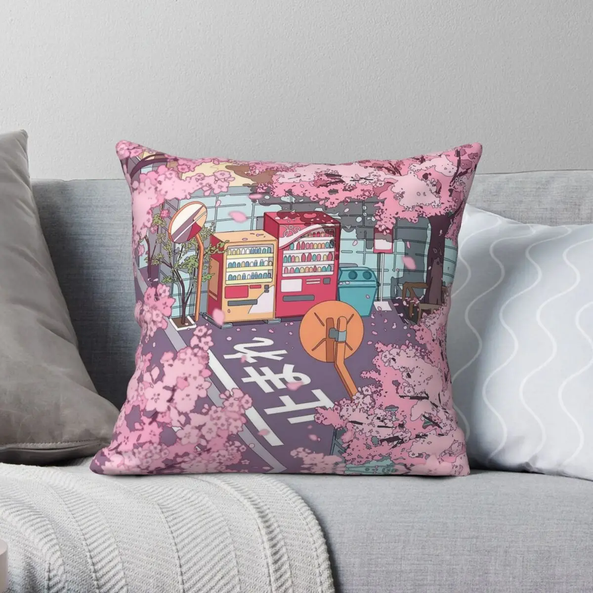 Tokyo Street Pink Sakura Blossom Pillowcase Polyester Linen Velvet Printed Zip Decor Throw Pillow Case Bed Cushion Cover 18