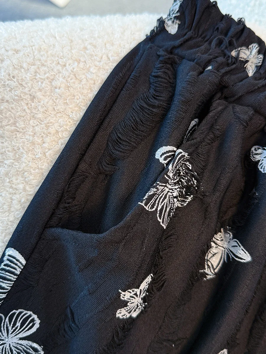 150 kg Plus Size Damen Hip 150 Herbst Schmetterling Stickerei Hohe Taille Weites Bein Hängende Freizeithose Schwarz 5XL 6XL 7XL 8XL 9XL