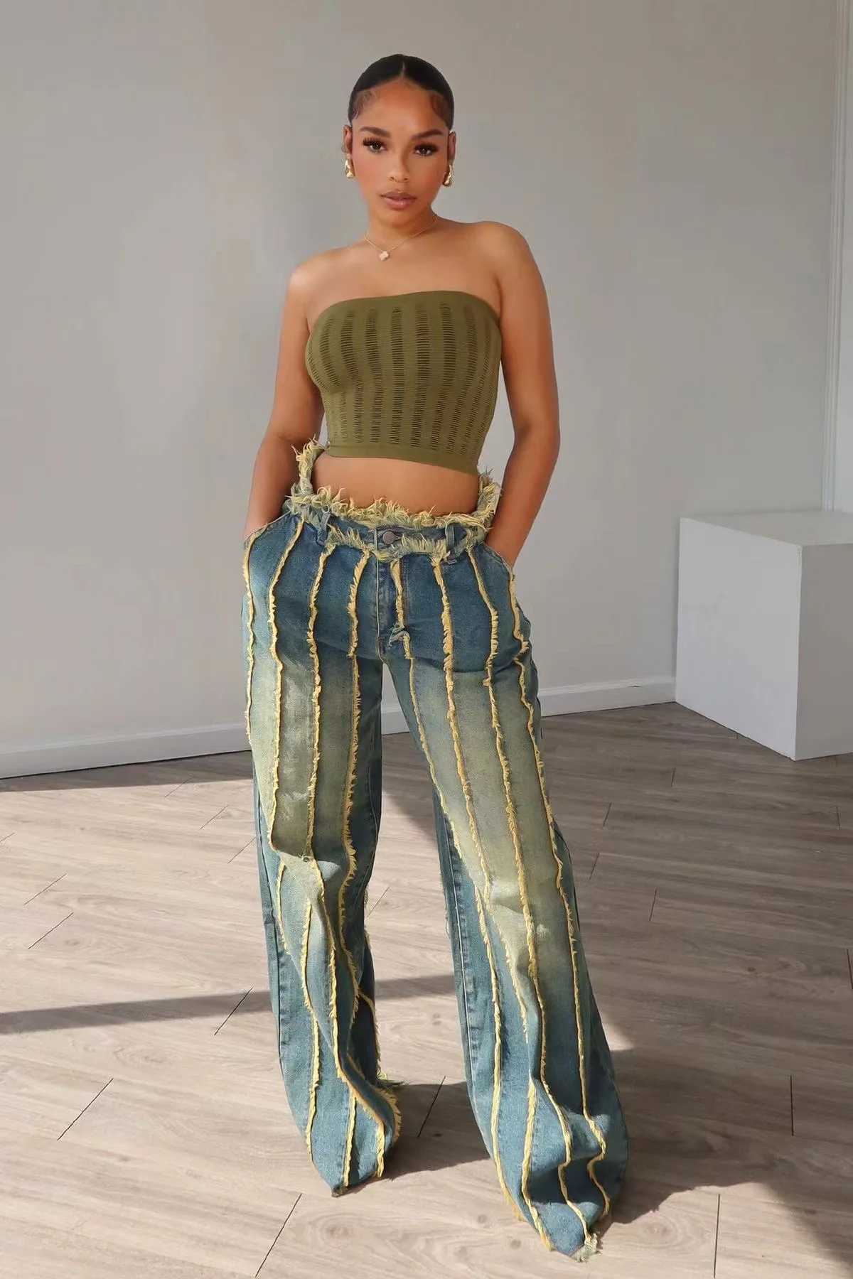 Women Streetwear Cutout Cargo Washed Denim Wide Leg Jeans Pants Elastic Fall Casual Fashion Tassel Holiday Trousers