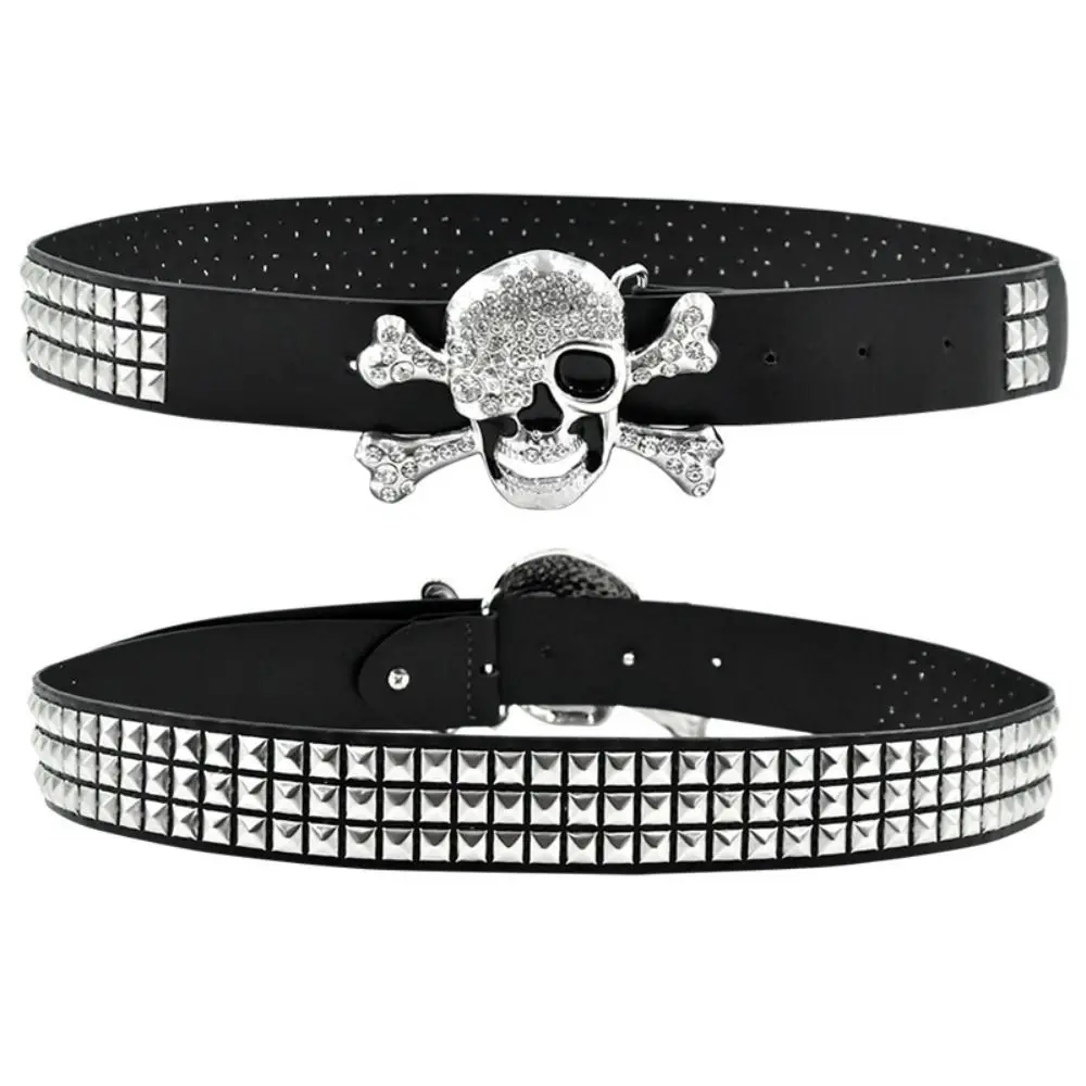 

Strap Buckle Rhinestone Skull Wide Waistband Y2K Hip-hop Black Rivet Belt Alloy Adjustable Skeleton Belt Couple