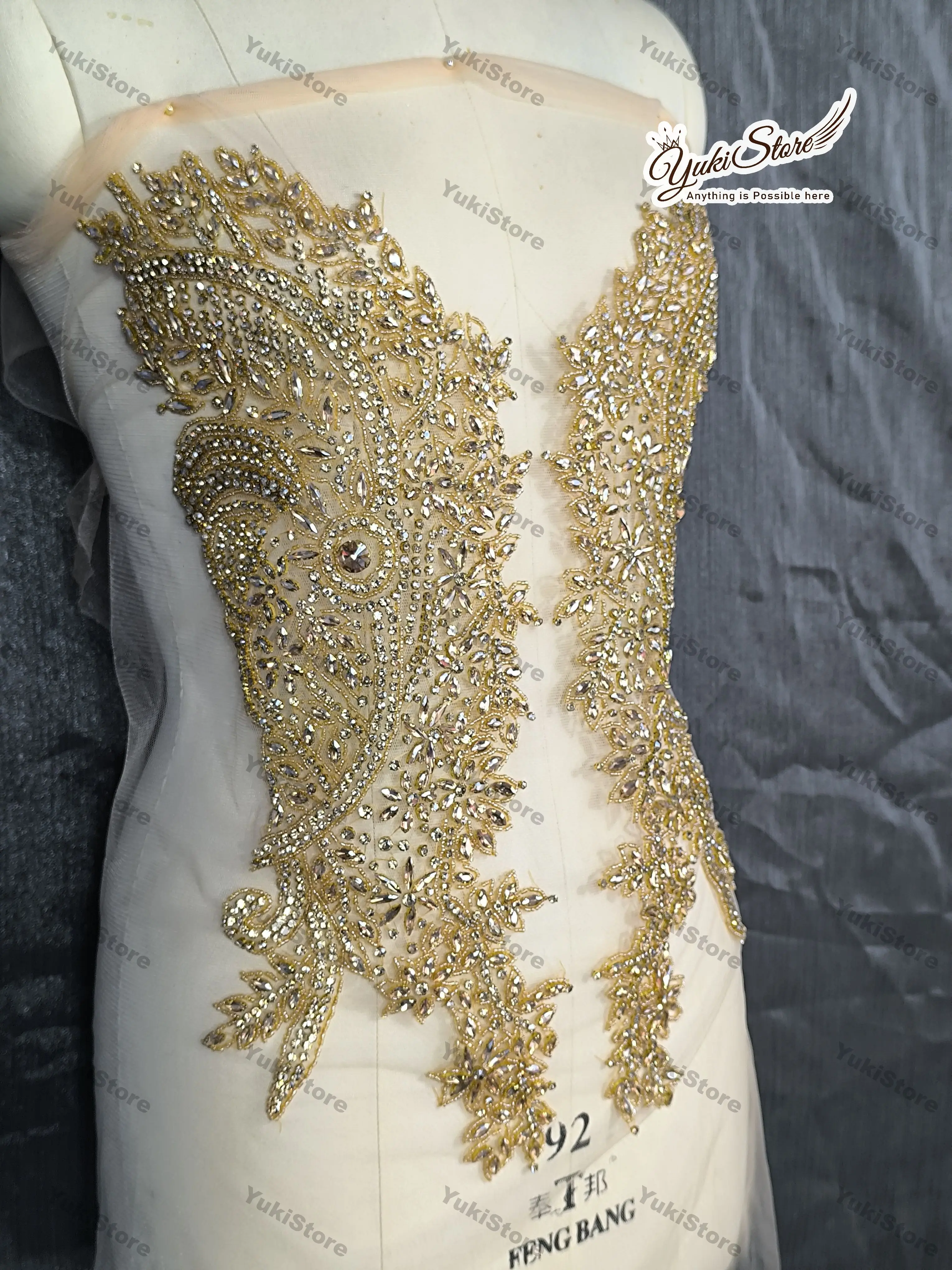 Gold High end bling crystal Handmade appliques and onlays bodices crystal dress applique for wedding JY055 2024