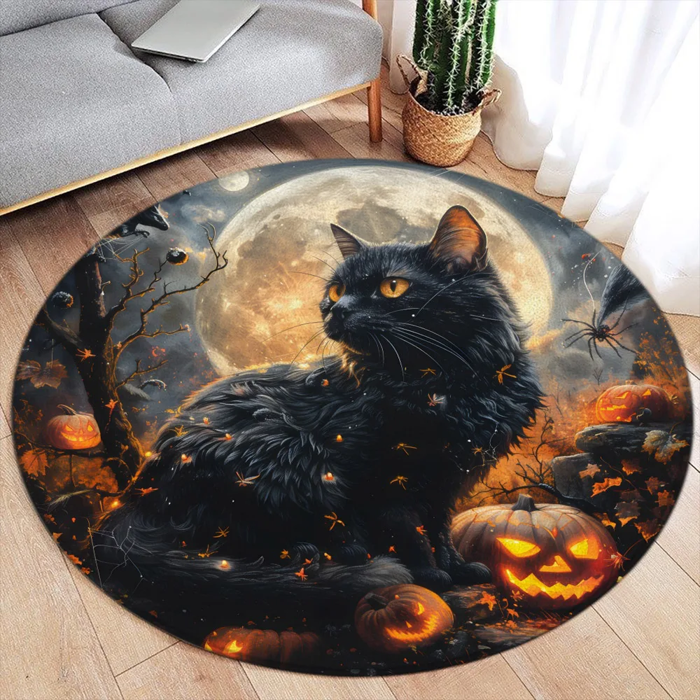 Black Cat Halloween Round Rug Happy Halloween Scary Night Pumpkin Bedroom Living Room Round Home Carpet Spooky Flannel Area Rug