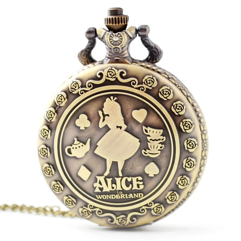 Alice in Wonderland Peripheral Retro Theme Bronze Quartz Pocket Watches Anime Alice Clock Necklace Christmas Birthday Gift