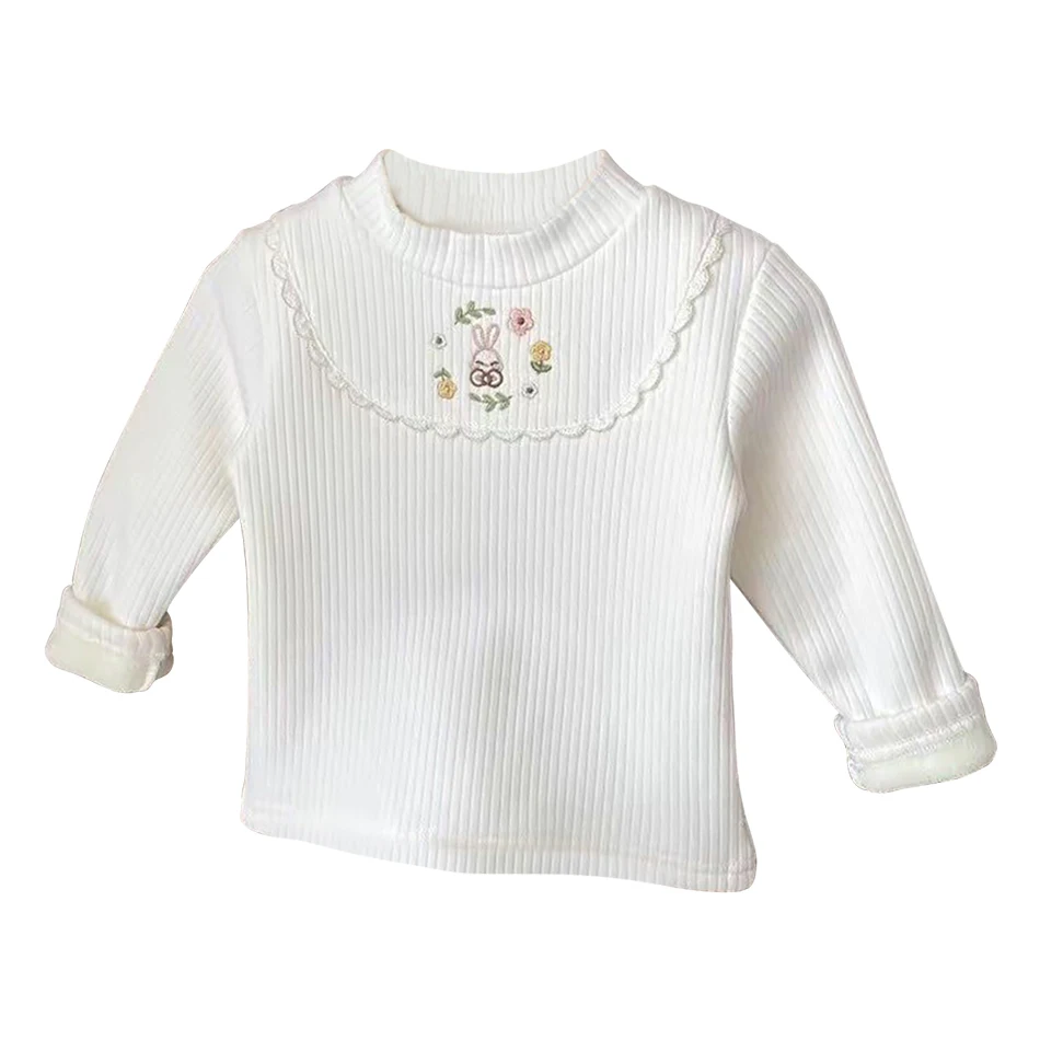 Dziewczęce zimowe pluszowe koszulki z dzianiny z półwysokim kołnierzem z kreskówkową głową królika haft w kwiaty dziecięce ciepłe bluzy z kapturem