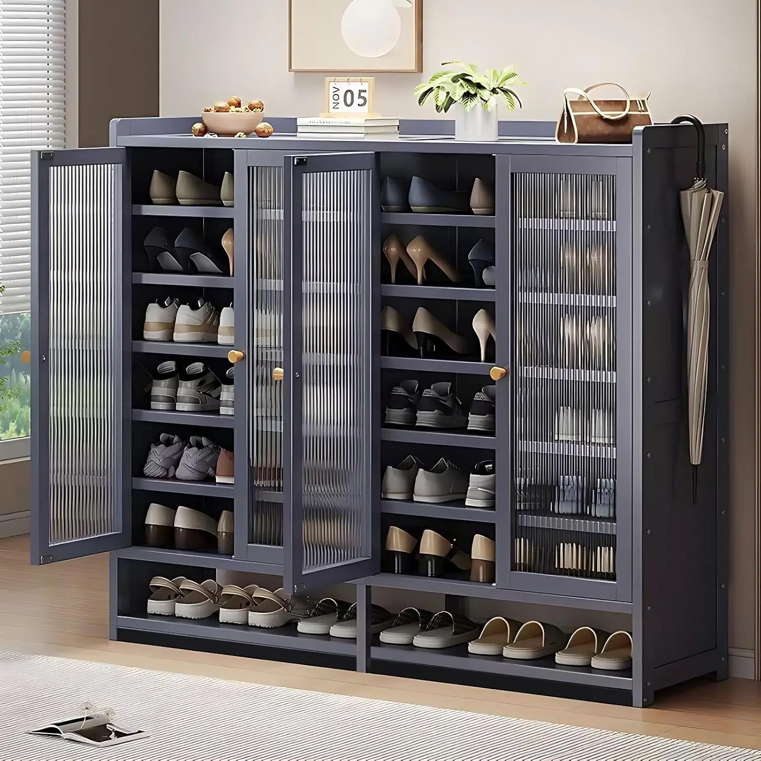 خزانة أحذية مكونة من 8 طوابق مع باب، وخزانة أحذية كبيرة للمدخل، و36-40 زوجًا من خزانة تخزين الأحذية المصنوعة من الخيزران