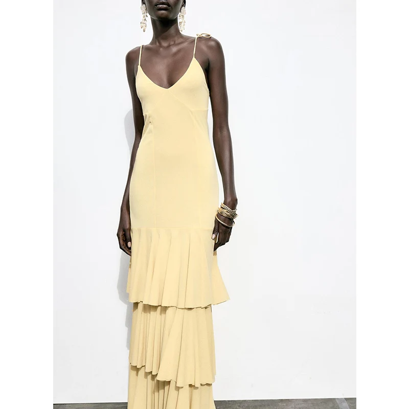 Vestido F de Verão Novo Estilo com Decoração de Laço Borboleta Midi Decote em V Camadas E Cintura Alta Sem Mang...