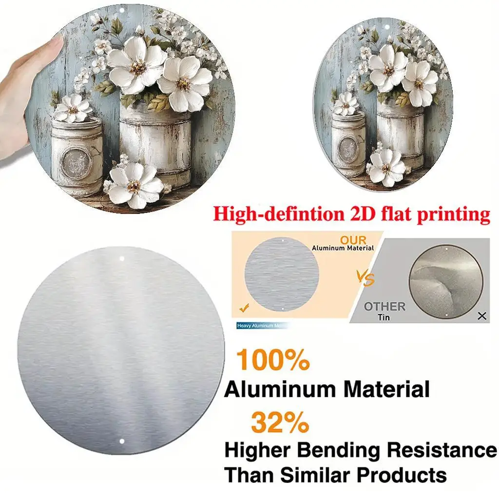 لافتة فنية جدارية من الألومنيوم مستديرة من الألومنيوم مكونة من قطعتين مسطحة ثنائية الأبعاد - برطمانات ميسون ريفية عتيقة مع زهور وخضراء، مقاس 8 × 8 بوصة متينة #4