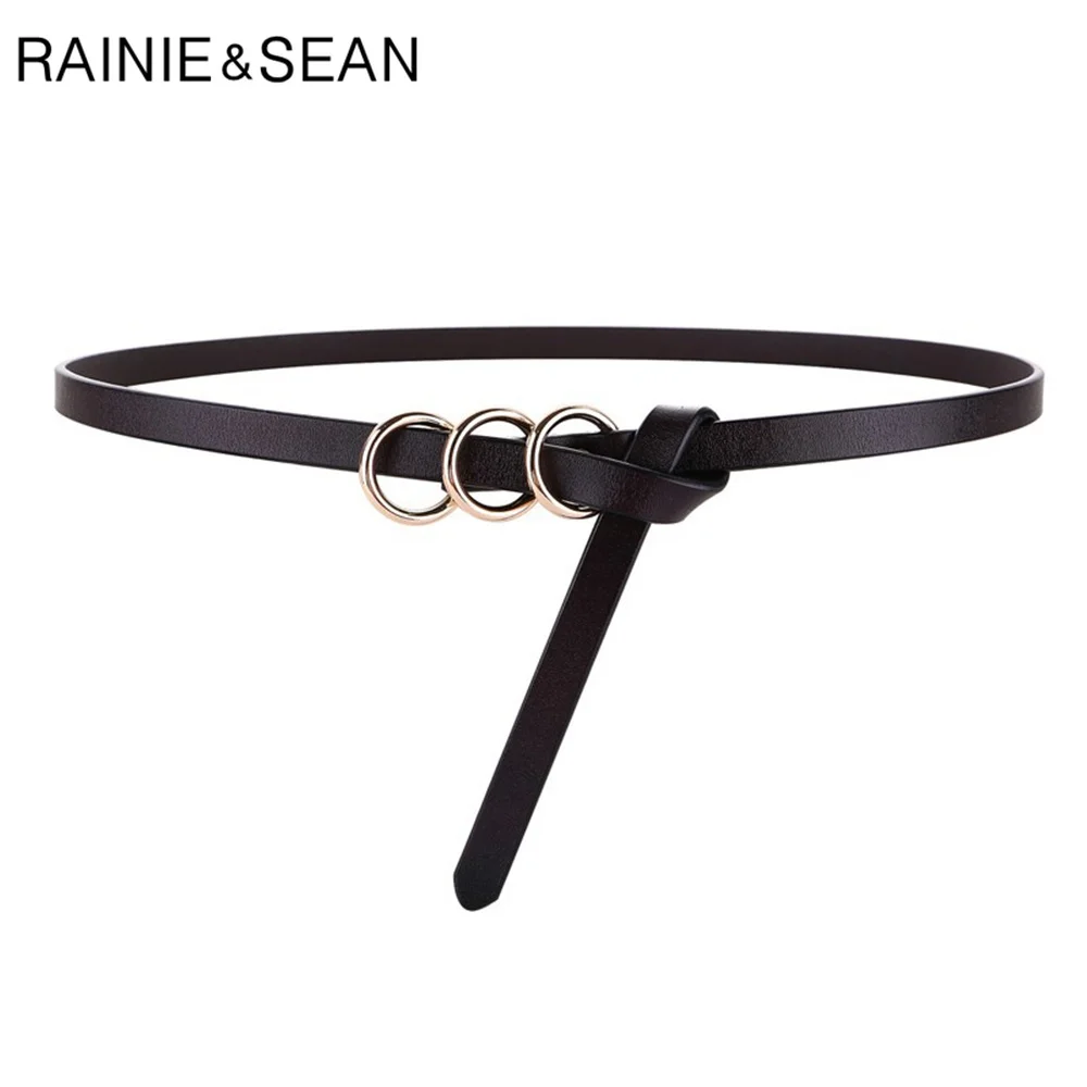 RAINIE SEAN Black Women Belt Fashion Self Tie Waist Belt Genuine Leather Knot Thin Strap Ladies Belt for Dresses Accessories