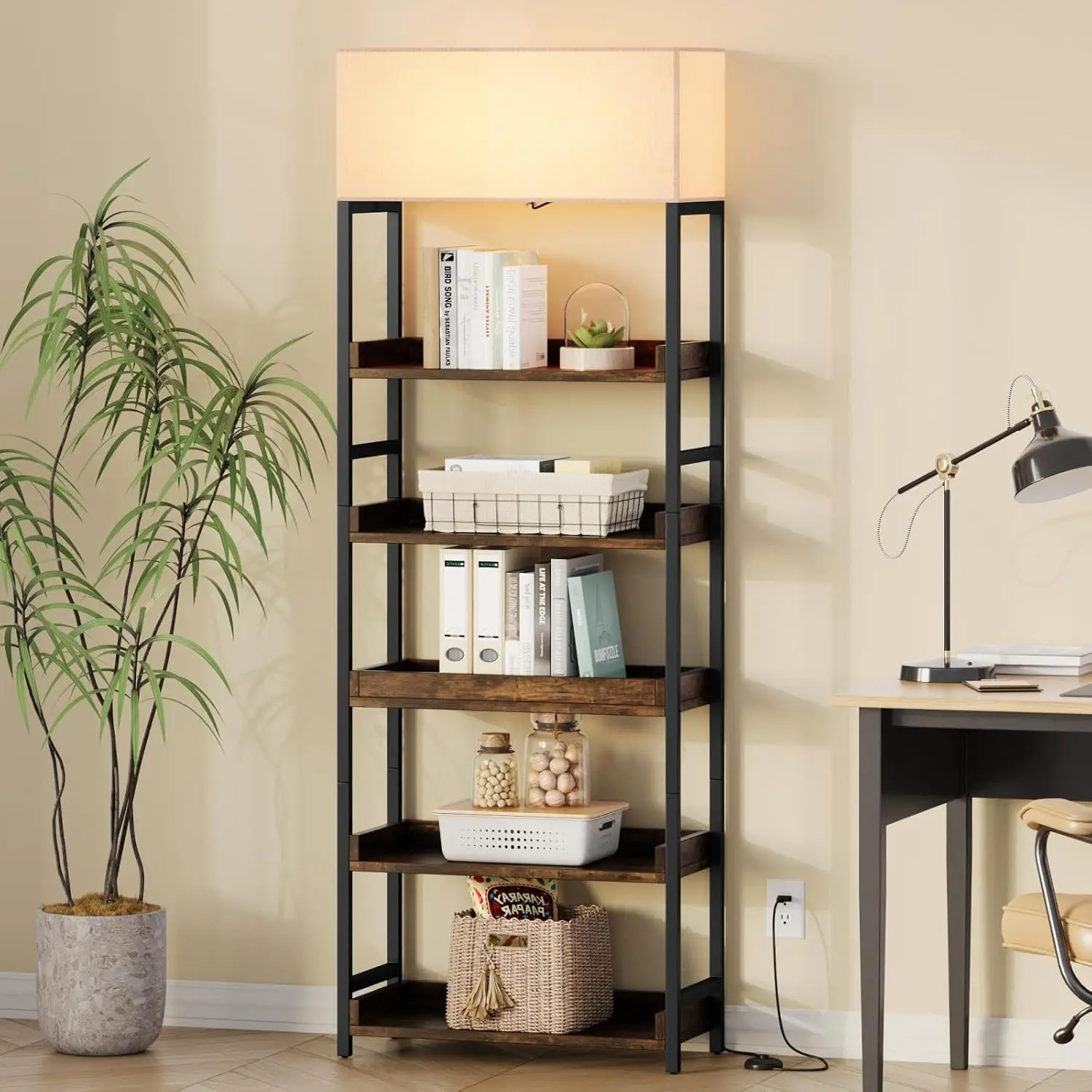 

5-Tier Book Shelf with LED Light, 76 Inch Tall Bookcase Shelf Storage Organizer, Industrial Wood Standing, Customized