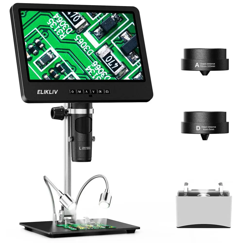 LCD Digital Microscope 2160P 24MP 1500X Soldering Coin Magnifier Kit Biological Observation 7 Inch Screen QC Inspection 3-Lens