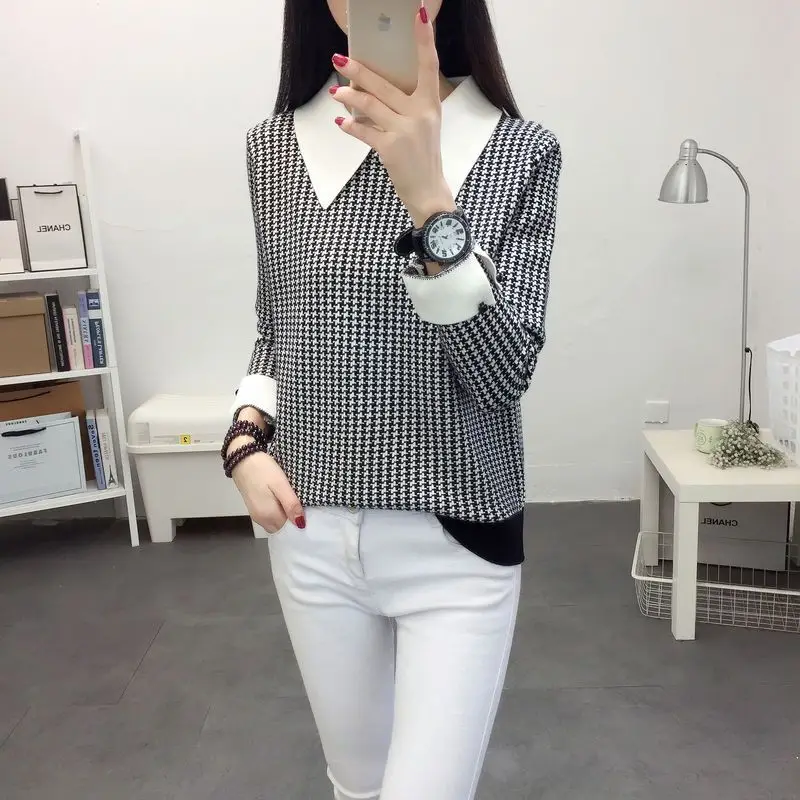 Female Clothing Fashion Houndstooth Knitted Sweaters Korean Turn-down Collar Autumn Winter Basic Casual Spliced Loose Jumpers