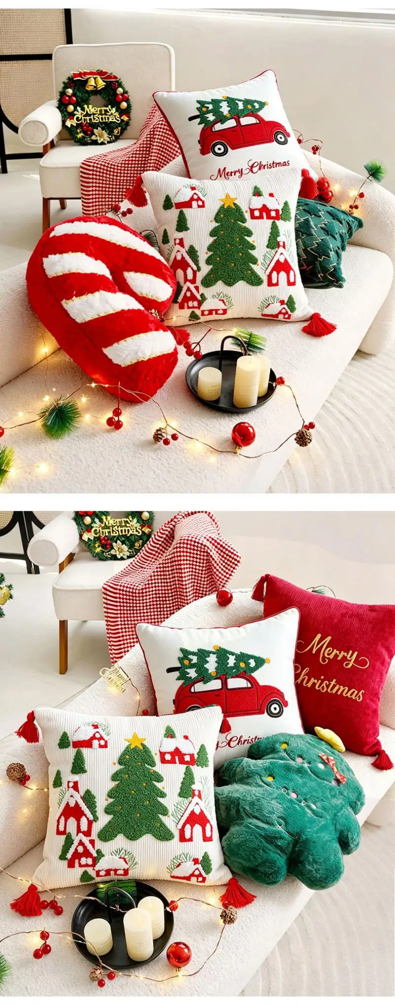 Weihnachtliche Kissenbezüge mit Stickerei, Dekorative Sofakissen, Vintage-Kopfteil-Kissenbezug 30x50/45x45cm – Detail 7