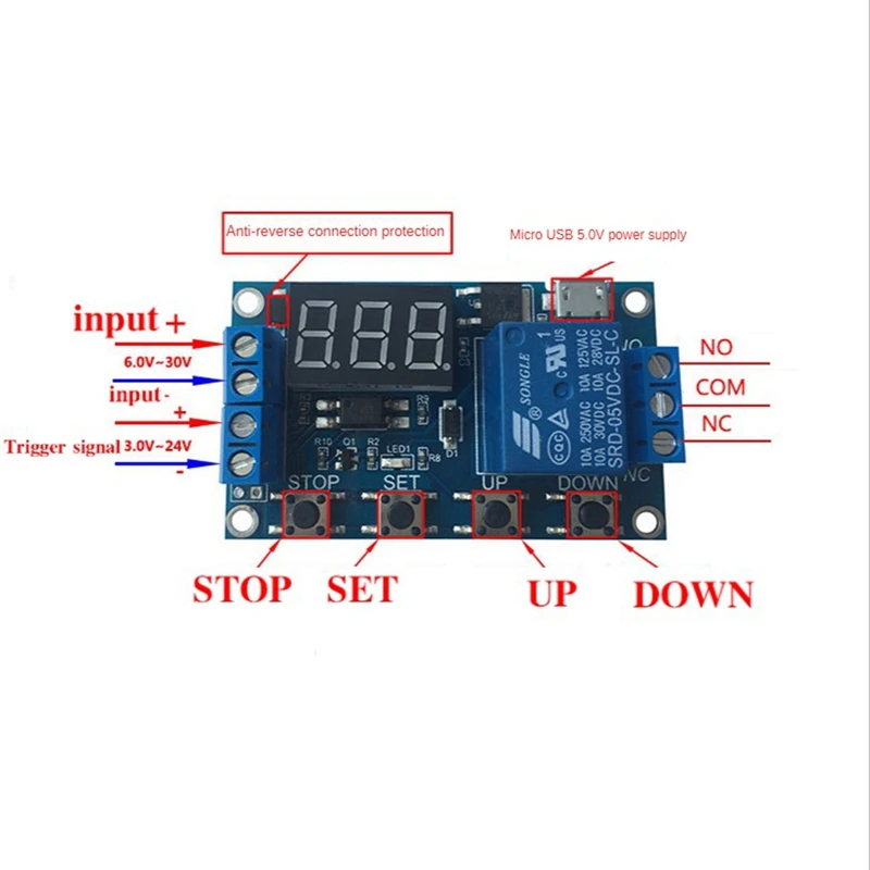 وحدة التتابع مع شاشة عرض LED ، دورة التشغيل الآلي ، مؤقت التأخير ، التحكم في إيقاف التشغيل ، دعم مايكرو USB ، 5 فولت ، العاصمة 6-30 فولت ، 6 فولت ، 9 فولت ، 12 فولت ، 24 فولت ، 1