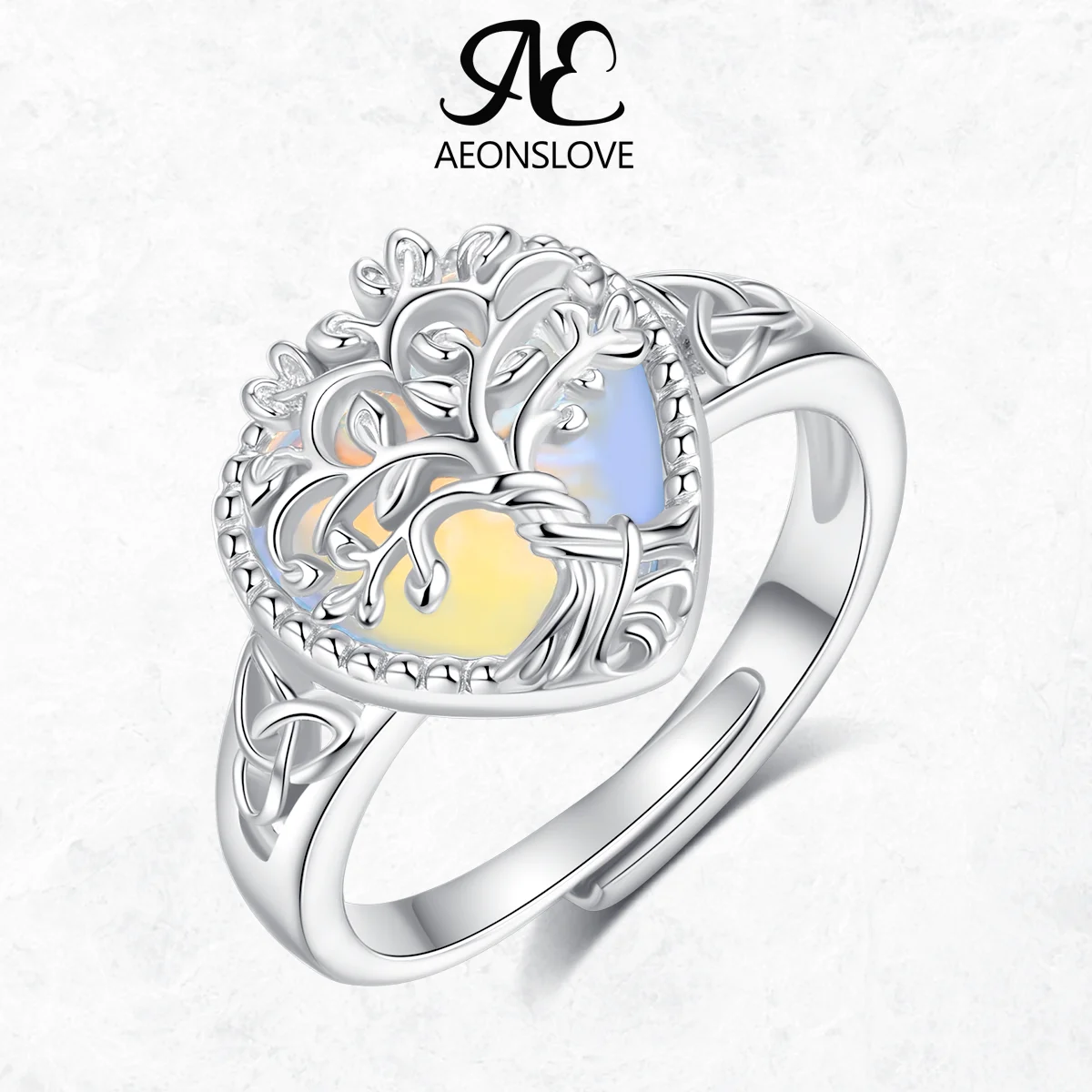 

AEONSLOVE 925 Sterling Silver Tree of Life Open Ring for Women Heart Moonstone Adjustable Ring Fine Jewelry Anniversary Gift