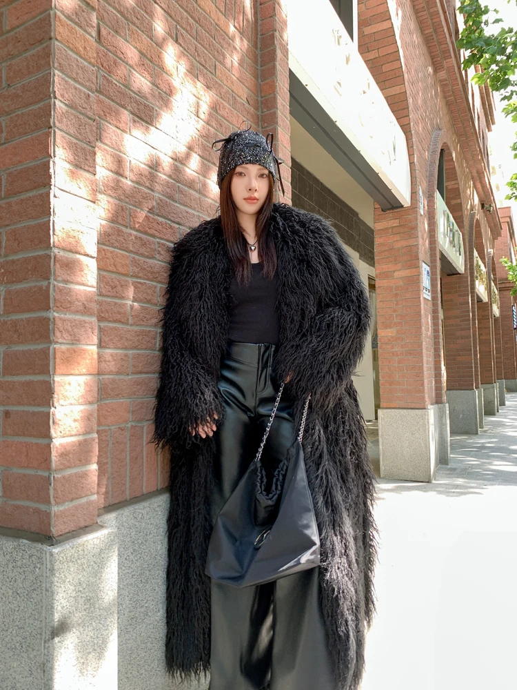 Lady Personalized Black Faux Fur Coat Female Lape Shaggy Outerwear Women's Winte Long Jacket Streetwear with Belt Promotion