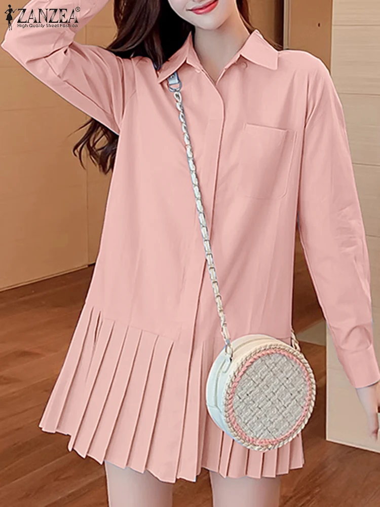 

Women Summer Solid Pleated Dress ZANZEA Elegant Party Dresses Buttons Vestidos Casual Spring Long Sleeve Lapel Work Sundress