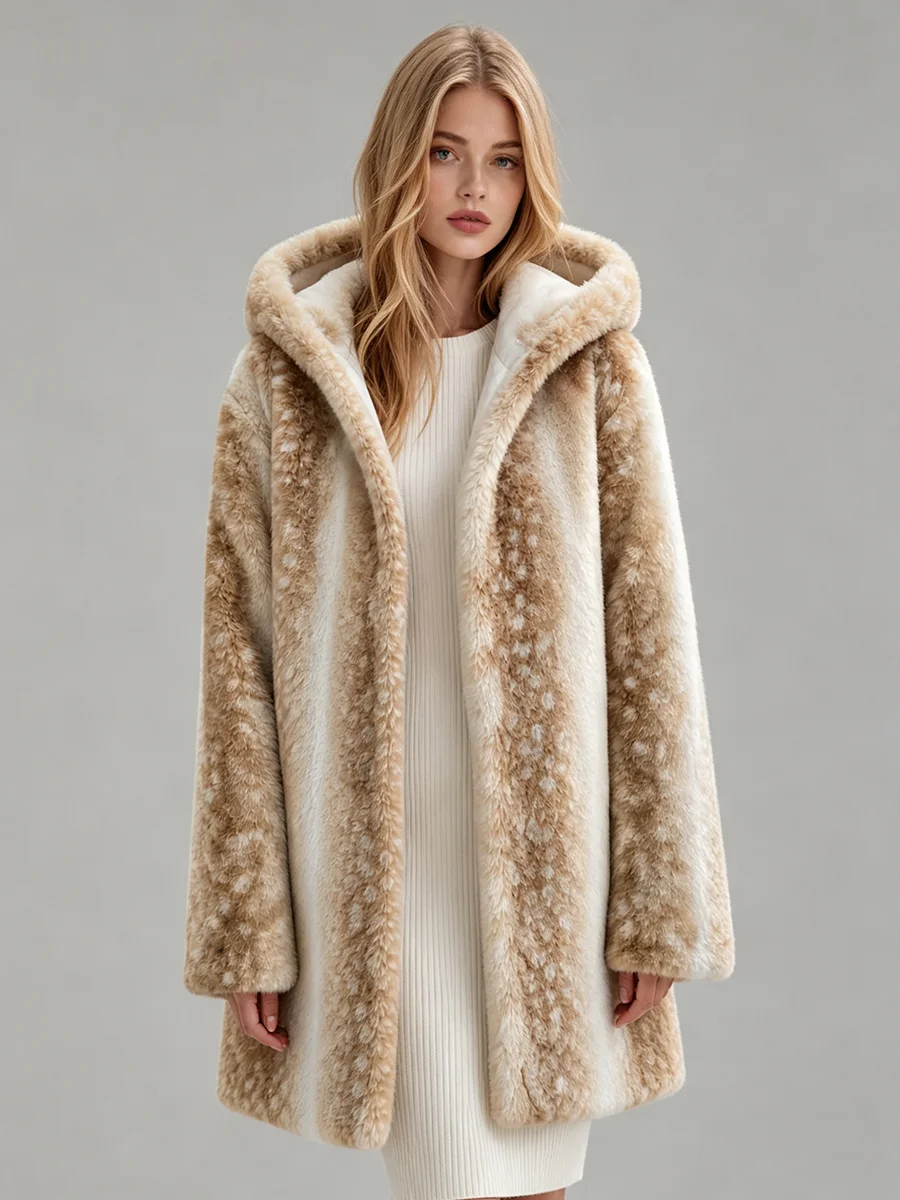 LIMO Women Hooded Faux  Fur Coat Mid-length Gradient Spotted Plush Warm Winter Overcoat
