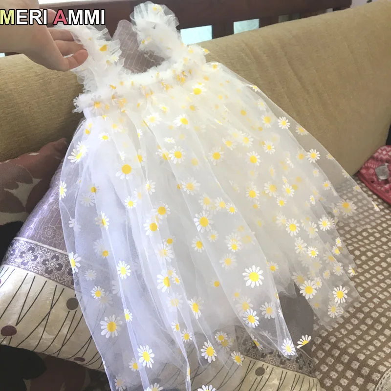 MERI AMMI For 1-13 Y Daisy Flower Girls Birthday Dress Kid Children Clothing Sleeveless Floral Party Christmas Knee Length Mesh