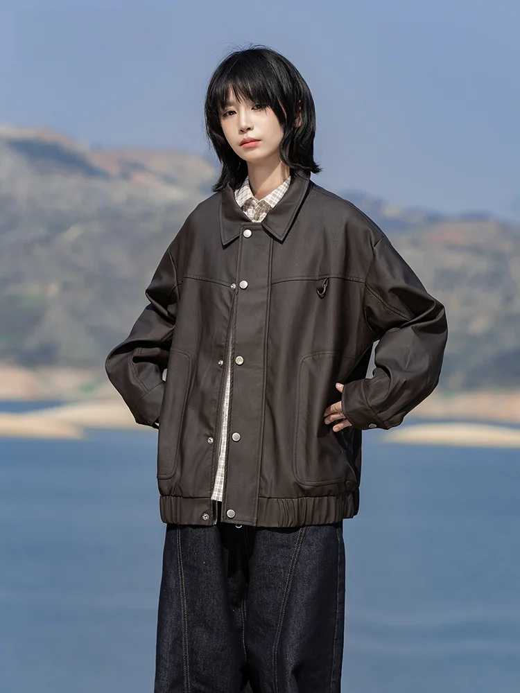 Saoe Early Girl الخريف الشارع Sle خمر ملابس خارجية المرأة جلدية Jaet Merald Street Faion فضفاضة تناسب طويلة Sve