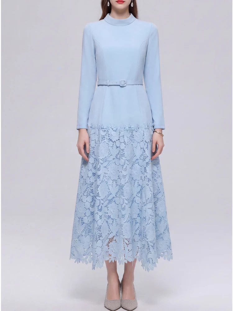 Elegant Lace Patchwork Round Neck Long Sleeved Slim Fit Dress 2026 New Fashionable Women'S Autumn Clothing