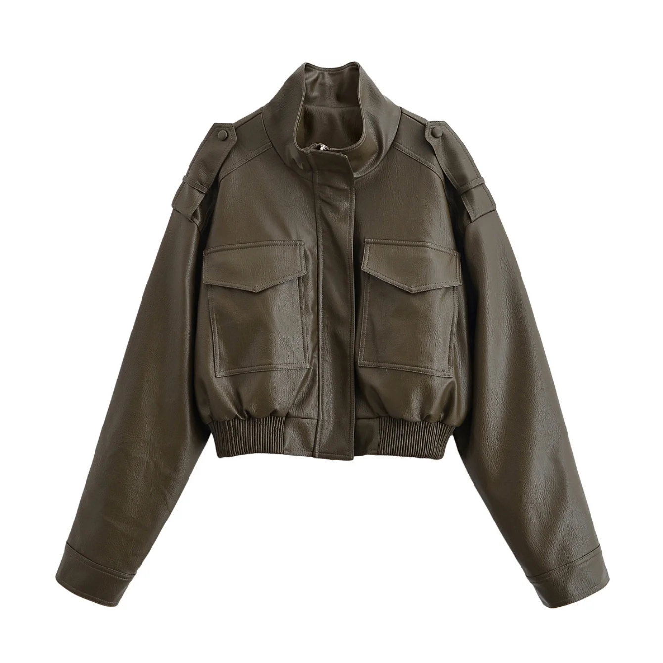 Women Autumn Winter Vintage Faux Leather Jackets Coat Pockets Loose Stand Collar Long Sleeve Zipper Coat Lady Chic Jacket