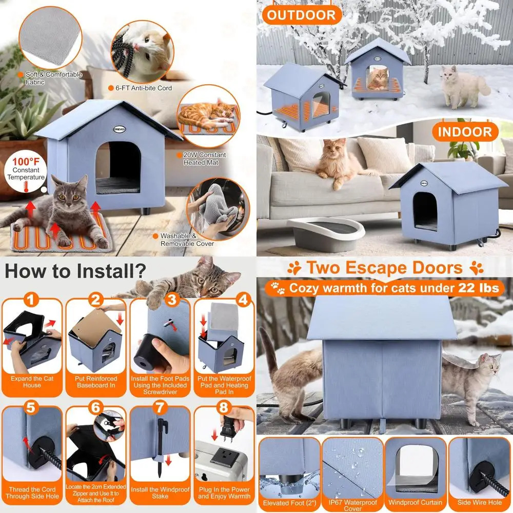 

Blue Foldable Weatherproof Outdoor Cat House with Heated Bed for Feral Cats and Small Animals