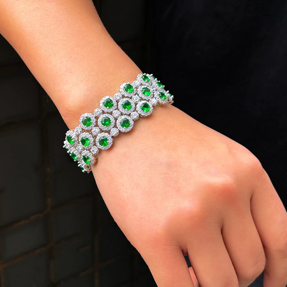 ThreeGraces Luxury Shiny Green White Zircon Big Wide Party Bracelet for Women Gorgeous Dubai Wedding Evening Party Jewelry BR400