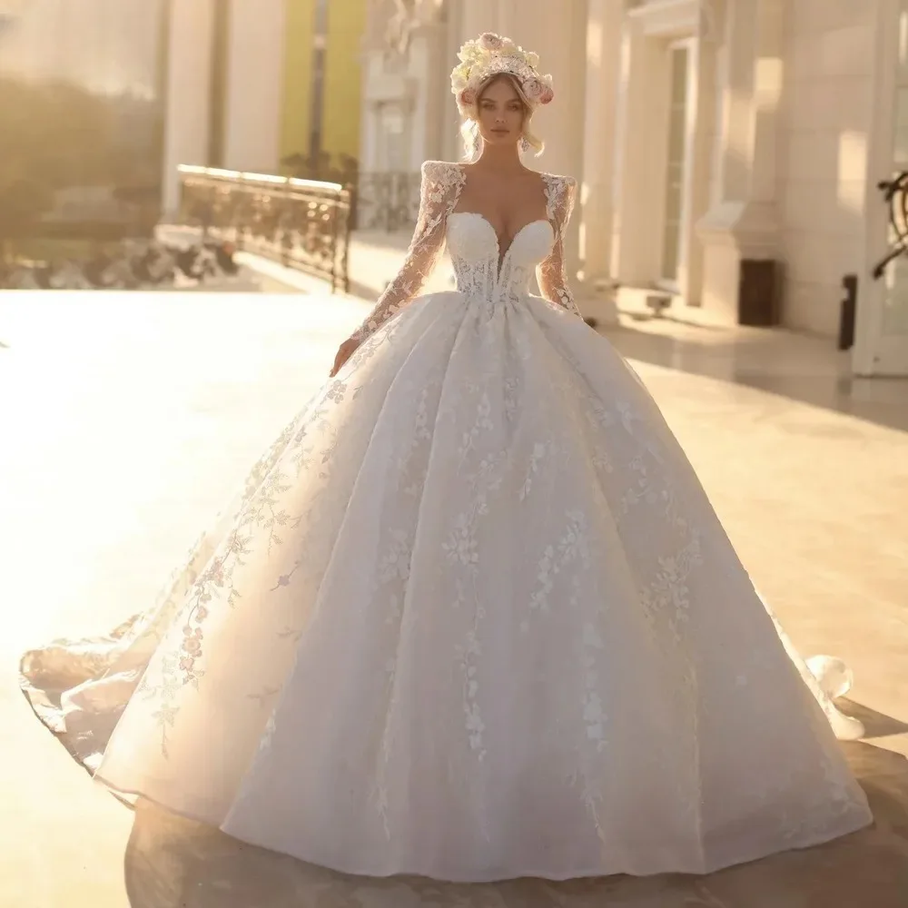 

Customized FW Romantic Appliques Long Sleeves Luxury Sheer O-neck Wedding Dress Vintage Bridal Gown Princess Vestido De Novia