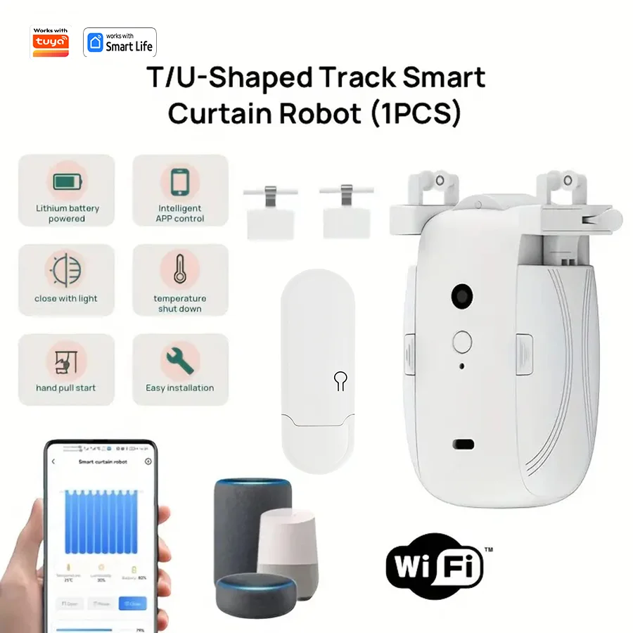 1/2pcs Smart WiFi Curtain Robot with Wi-Fi Gateway, APP Remote Control, Automatic Opening Hand Pull Start，Compatible with Alexa