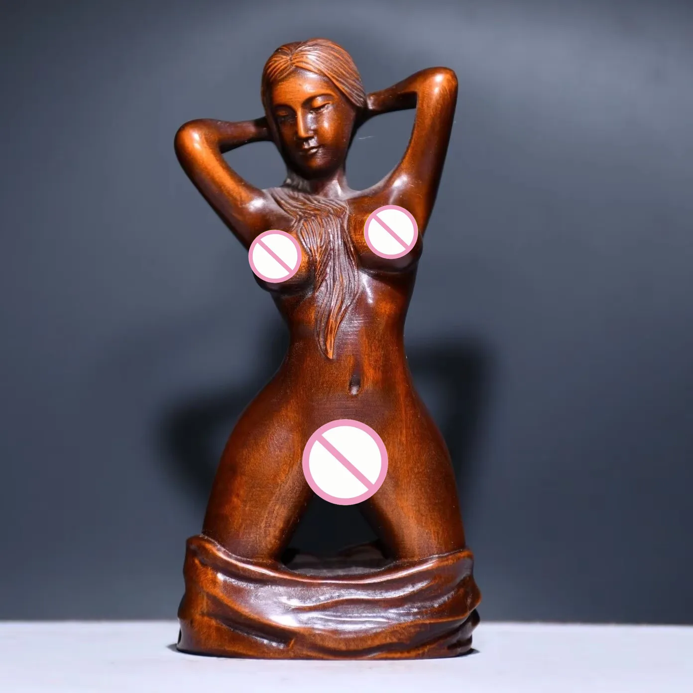 Sexy Busty Beauty Girl Nude Statue Wood Carving Body Art Sculpture Crafts Desktop Ornament Retro Home Decor